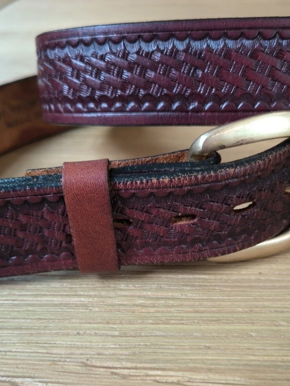 Vintage Leegin Tooled Burgundy Leather Belt 36 Made in USA